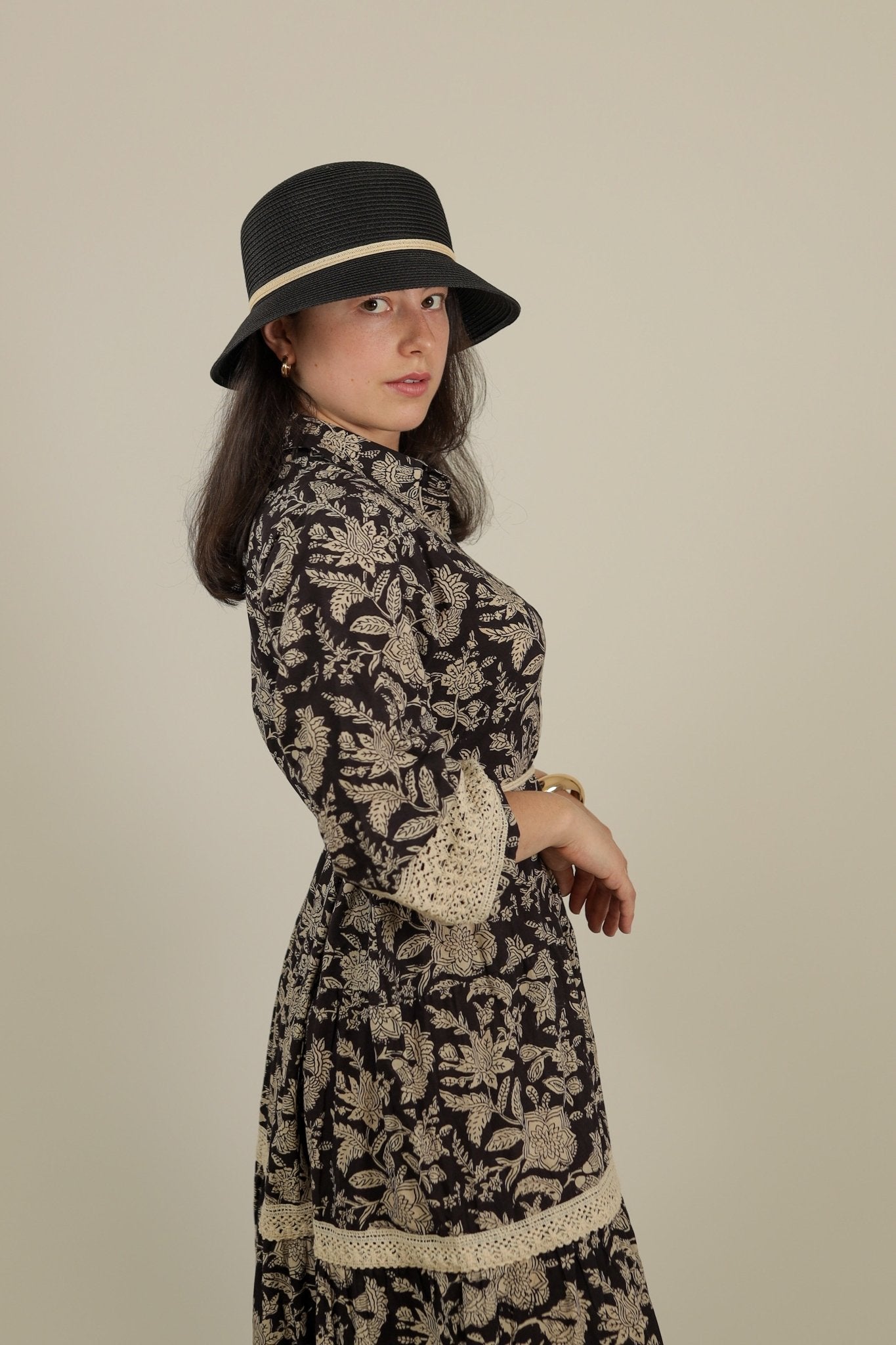 Elegant Black and Beige Dress Cream Petals - Side- Tzipor