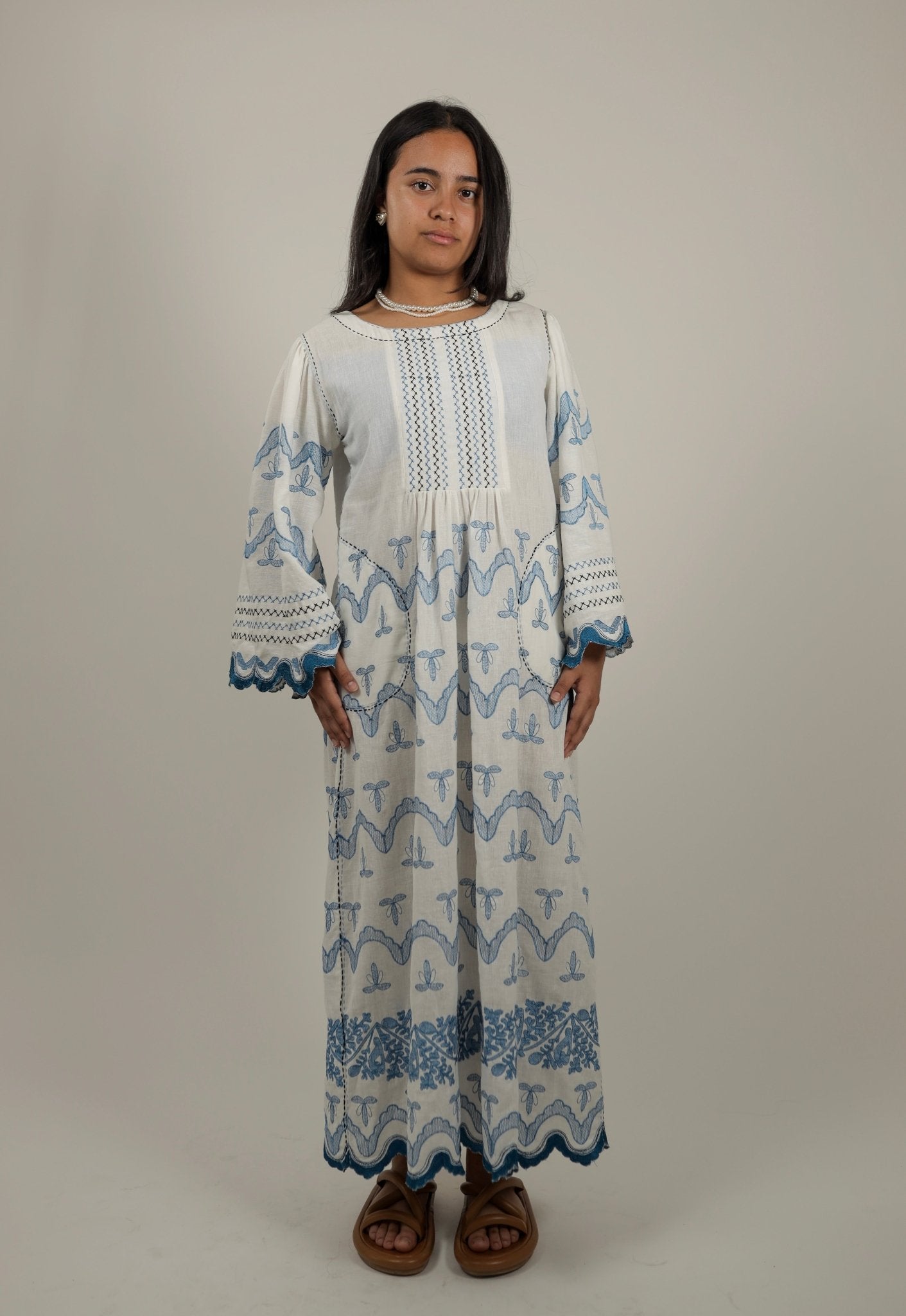 Hand made White and Blue Dress Embroidered Coast -Front- Tzipor