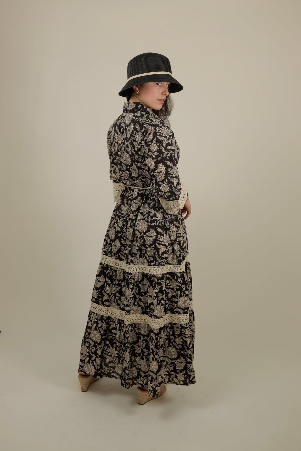 Elegant Black and Beige Dress Cream Petals -Back- Tzipor
