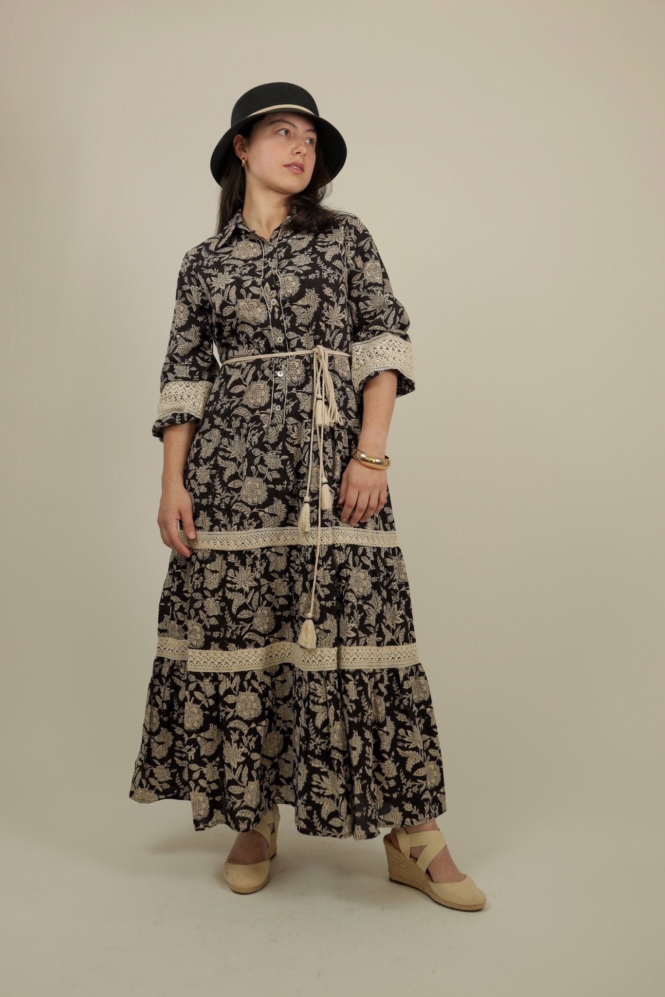 Elegant Black and Beige Dress Cream Petals -Front- Tzipor