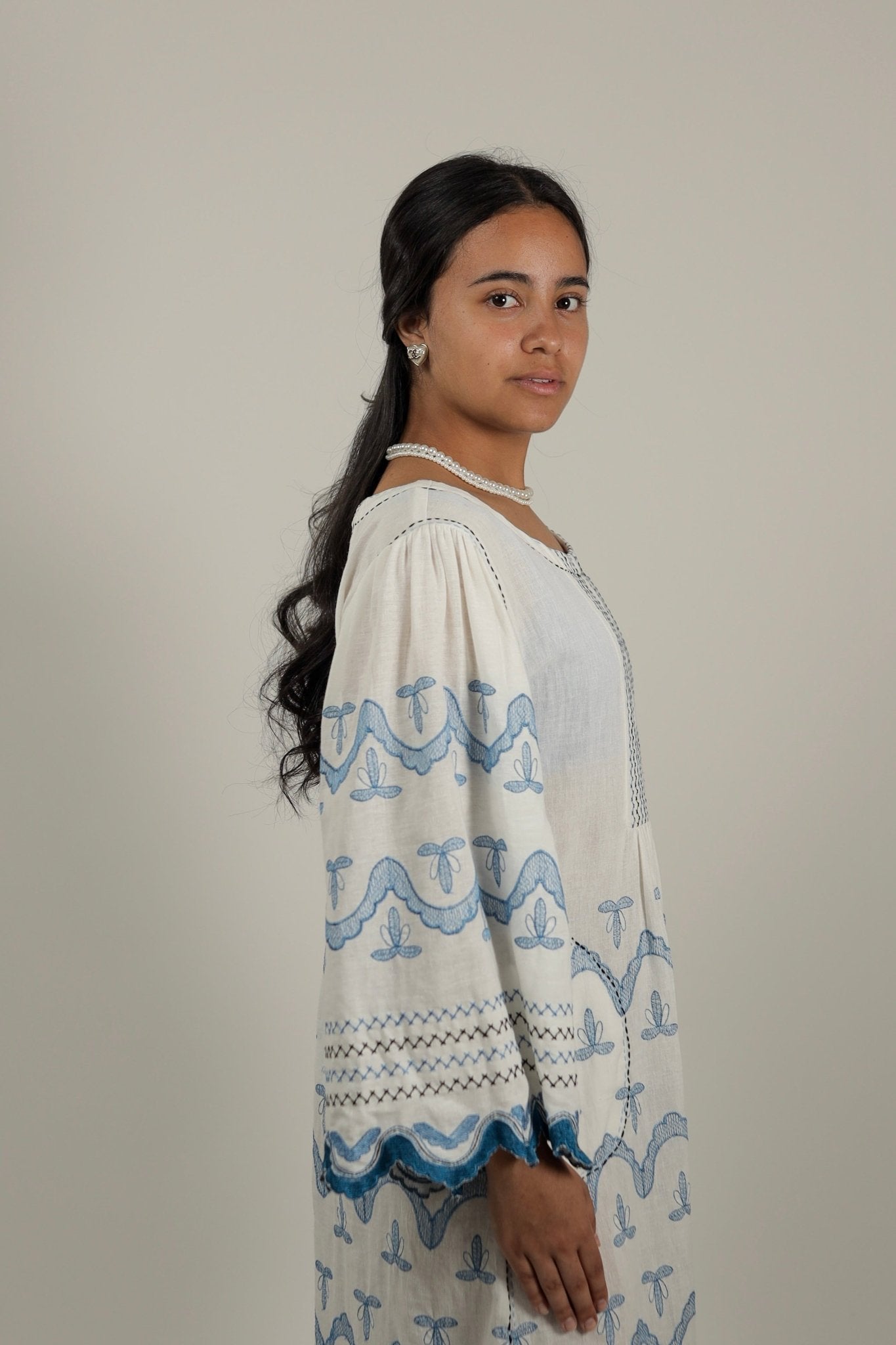 Hand made White and Blue Dress Embroidered Coast -Side- Tzipor