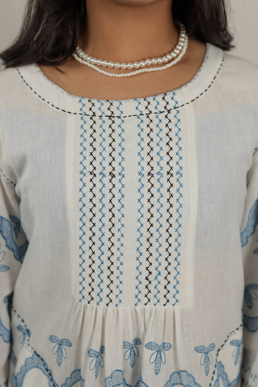 Hand made White and Blue Dress Embroidered Coast -Details- Tzipor