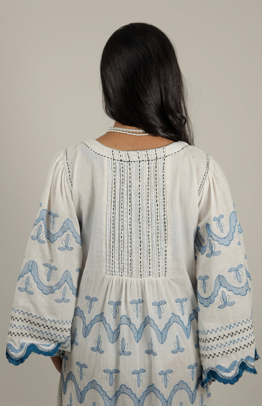 Hand made White and Blue Dress Embroidered Coast -Back- Tzipor