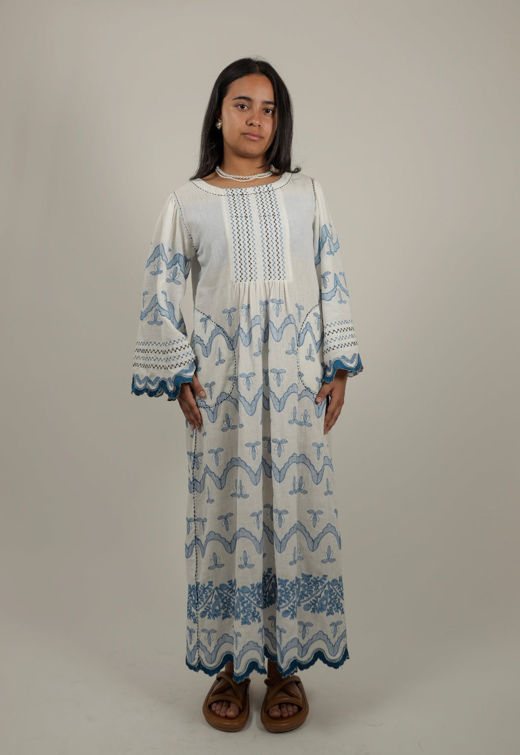 Hand made White and Blue Dress Embroidered Coast -Front- Tzipor