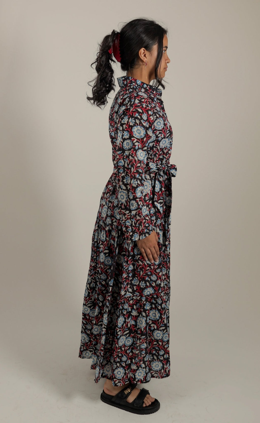 Modest Black Dress with Blue flowers and sleeves Verbena Maxi Dress -Side- Tzipor